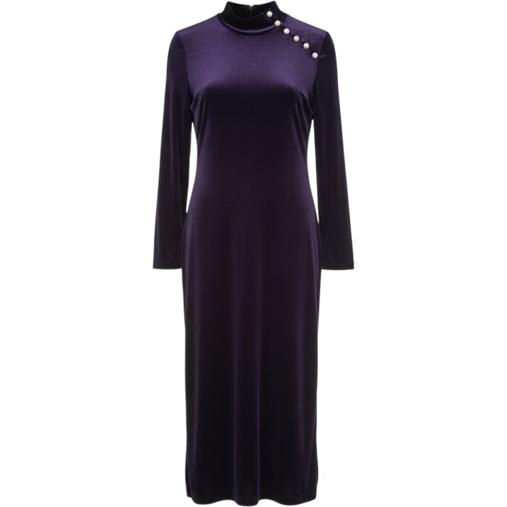 Coldwater Creek Purple Velvet Mock Neck Maxi Dress Star Buttons Petite Large PL